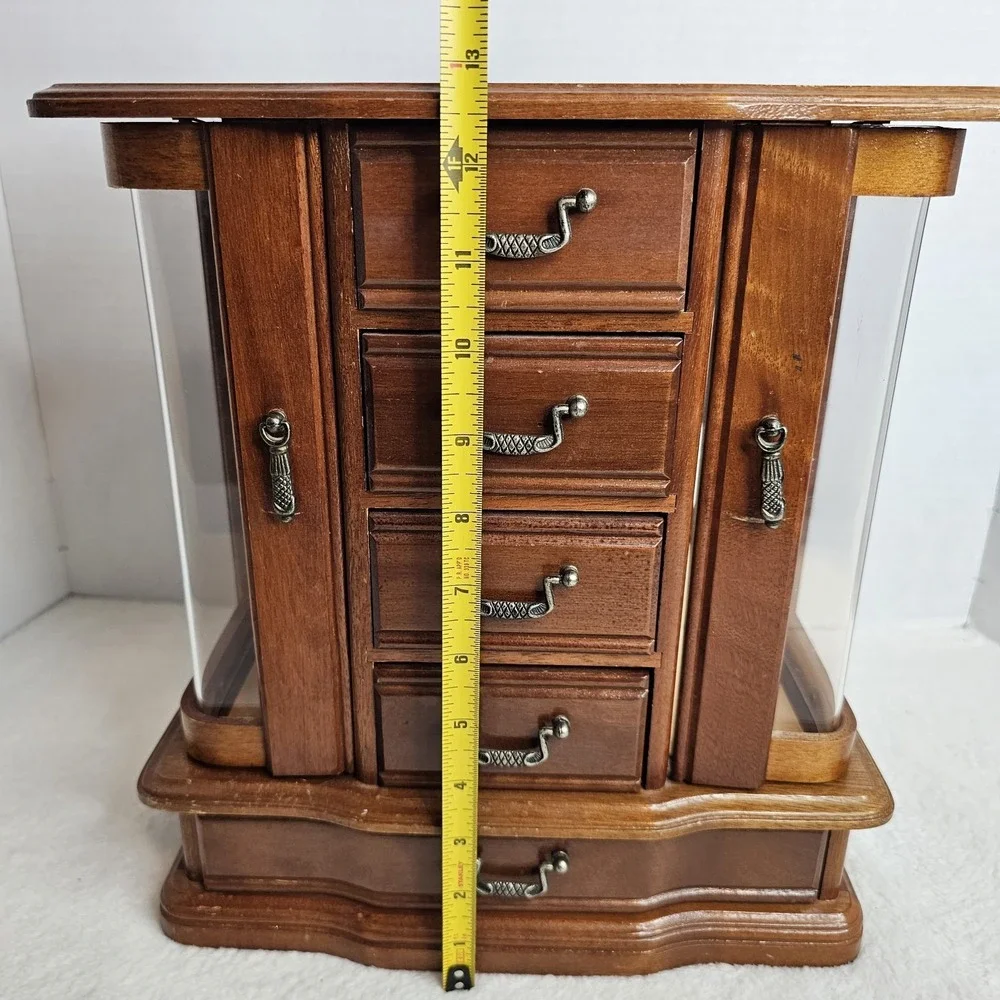 Vintage Wooden Jewelry Armoire Box Glass Side Doors 5 Drawers Brass Pulls Brown